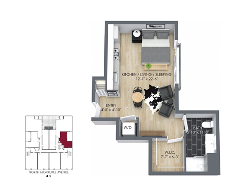 Floor plan for studio, 1 bath, 485 sqft